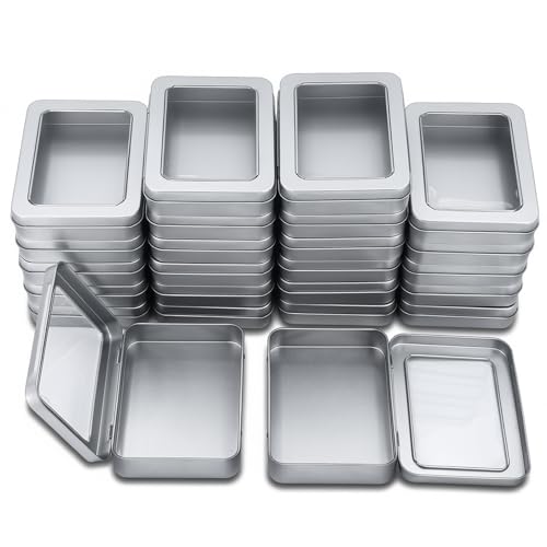 Rectangle Metal Tins with Hinged Window Lids, Silver, 24 Pieces | Hinged Window Lids, Mini Storage Organizer Set, For Home Kitchen, Office and School Supplies - color: Silver