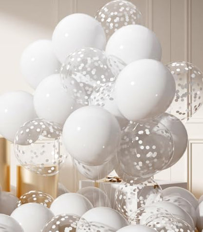 AULE Party Balloons Pack of 42-12in White Confetti Balloons & White Latex Balloons and 64ft Ribbons - 12 Inches Balloons Decorations Set - color: White