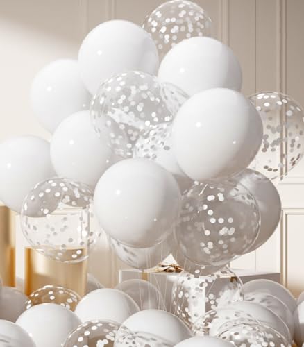 AULE Party Balloons Pack of 42-12in White Confetti Balloons & White Latex Balloons and 64ft Ribbons - 12 Inches Balloons Decorations Set - color: White