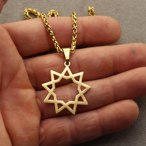 Unisex Nine Point Bahaism Bahai Star Necklace Chain Pendant - color: Gold Plated Steel, size: 18" Chain