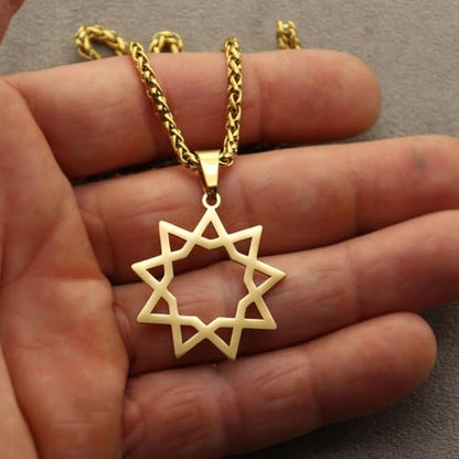 Unisex Nine Point Bahaism Bahai Star Necklace Chain Pendant - color: Gold Plated Steel, size: 18" Chain
