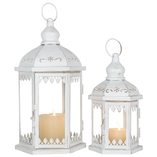 Lanterns Decorative Outdoor&Indoor, Set of 2 (15"&11") White Metal Lantern Decor with Glass, Candle Holder for Porch, Patio, Garden, Balcony, Wedding, Table Centerpiece - color: 15"& 11"h / White