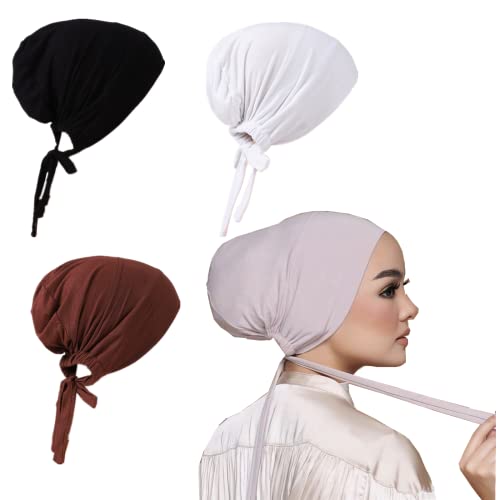3 Pieces Adjustable Muslim Inner Under Hijab Cap with Ties Back Islamic Under Scarf Bonnet Caps Chemo Cap - color: White