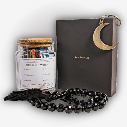 Quran Jar Gift Set – 90 Color-Coded Quran Verses + Tasbih Prayer Beads + Keychain | Islamic Gift Box for Ramadan, Eid, Healing & Daily Inspiration
