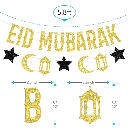 Eid Mubarak Banner, Umrah Mubarak Festival Party Decorations, Muslim Islam Eid al-Fitr Party Decorations Supplies Gold and Black Glitter