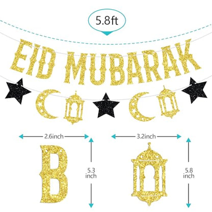 Eid Mubarak Banner, Umrah Mubarak Festival Party Decorations, Muslim Islam Eid al-Fitr Party Decorations Supplies Gold and Black Glitter