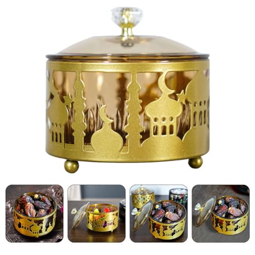 Ciieeo Ramadan Serving Trays 2pcs Round Candy Dish with Lid Metal Eid Mubarak Snack Tray Sugar Storage Bowl Islam Plate Muslim Party Table Decor Golden