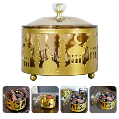 Ciieeo Ramadan Serving Trays 2pcs Round Candy Dish with Lid Metal Eid Mubarak Snack Tray Sugar Storage Bowl Islam Plate Muslim Party Table Decor Golden