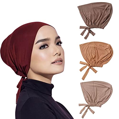 4 Pcs Women Hijab Undercap Islamic Muslim Inner Beanies Cap with Tie Back Closure, Adjustable Underscarf Hat Chemo Turban Cap(Color#2)