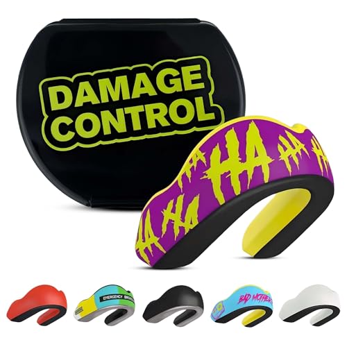 DAMAGE CONTROL Extreme Impact Sports Mouth Guard w/Case – Hahaha | Adult – Boil & Bite Fit, Shock-Absorbing Pads, Ventilated Case – MMA, Boxing, Hockey, Football, Rugby, Lacrosse & BJJ - color: Hahaha, size: Adult