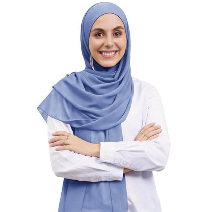 Instant Hijab Set 3-in-1 Chiffon Hijab Scarf for Women with Built-in Magnets and Undercap Head Wraps - color: Blue
