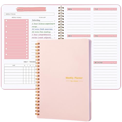 Undated Weekly Planner, A5 Personal Goals Journal Non Dated Weekly Planner to Do List Notebook with Goal Habit Tracker Organizer, Cute Undated Week Planners with Spiral Binding for Kids School Work - color: Light Pink
