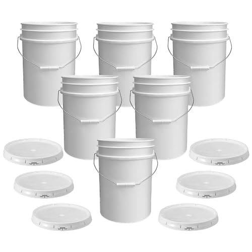 5 Gallon Bucket - Food Grade w/Lid BPA-Free, 6 Pack - White | Airtight Gasketed Tear Strip Lid, Heavy-Duty 90 Mil HDPE Plastic Pail, Bulk Storage, Food Safe Durable Container, Made in USA - color: White, size: 6 Packs
