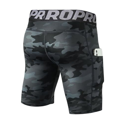 LANBAOSI Mens Compression Shorts with Phone Pocket Running Gym Yoga Athletic Tights Baselayer Summer Cool Dry Underwear Pack - color: Camo Black, size: Medium
