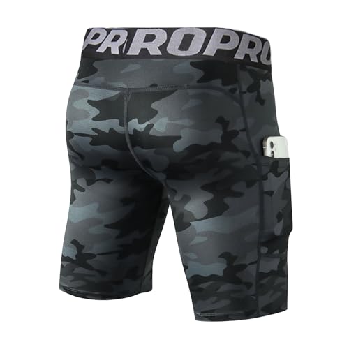 LANBAOSI Mens Compression Shorts with Phone Pocket Running Gym Yoga Athletic Tights Baselayer Summer Cool Dry Underwear Pack - color: Camo Black, size: Large