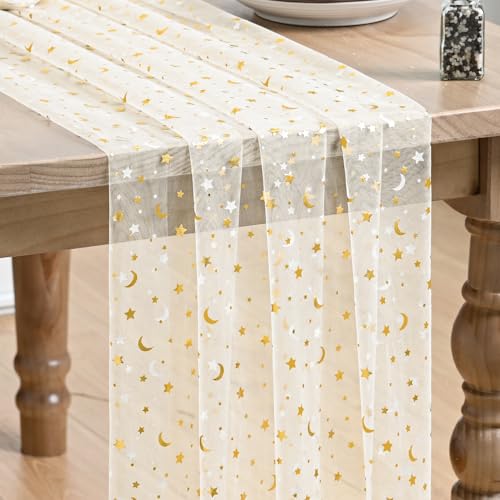 Artoid Mode Beige Gauze Stars Moon Table Runner 10FT, Glitter Metallic Foil Sheer Dining Wedding Anniversary Holiday Birthday Table Decor for Home Party - color: Beige Gold