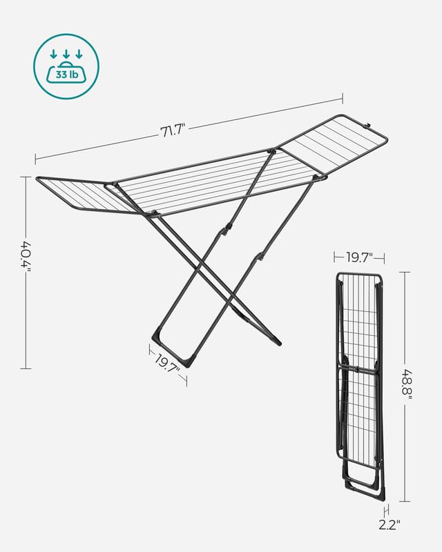 SONGMICS Clothes Drying Rack, Metal Laundry Drying Rack, Foldable, Space-Saving, Free-Standing Airer, with 2 Gullwings, Indoor Outdoor Use, Bed Linen Clothing, Black ULLR540B01 - color: Black, style: 2 Gullwings（19.7"D)