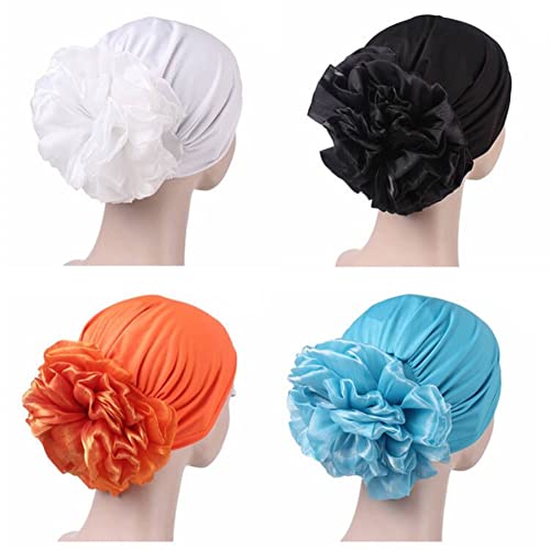 Women Flower Elastic Turban Beanie Head Scarf wrap Chemo Cap hat for Cancer Patient - color: Black White Lake Blue Orange