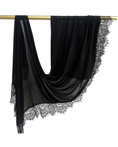 JUMISEE Elegant Floral Lace Hijab Scarf for Women Soft Cotton Head Wrap Instant Hijab Long Scarves Evening Dress Shawl - color: Black With Black Lace Trim