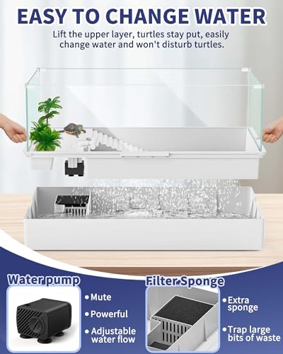 MoonOrange Large Turtle Tank (Tank + Water Pump), Acrylic Turtle Tank Starter Kit with Upgrade Rain Shower Head, Adjustable 5W Water Pump, Higher Fences and Multi-Function Areas. (L)