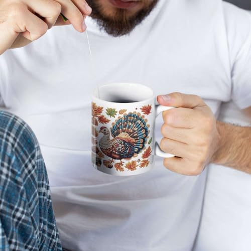 Personalized Autumn Turkey Coffee Mug, Customized Name White Ceramic Cup, Festive Fall Leaves Mug, Sparkling Turkey Full Wrap Cup 11oz 15oz, Custom Unique Thanksgiving White Cup - color: XUA-1124-3653-Thanksgiving Mug