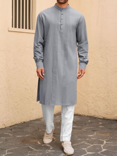 Runcati Mens Kaftan Robe Button Down Long Sleeve Cotton Linen Thobe Casual Muslim Gown Henley Shirt - color: Grey, size: X-Large