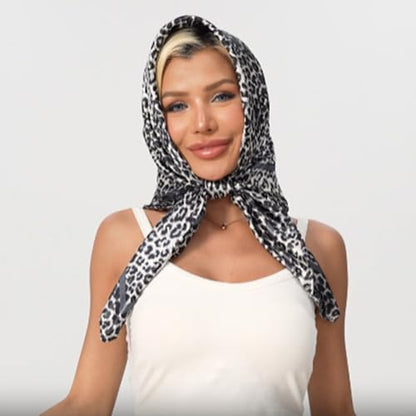 레오파드 프린트 헤드 스카프, 실크 새틴 스카프, 야간 헤어 랩핑 반다나 스퀘어 스카프 88.9cm(35인치) - color: 회색.