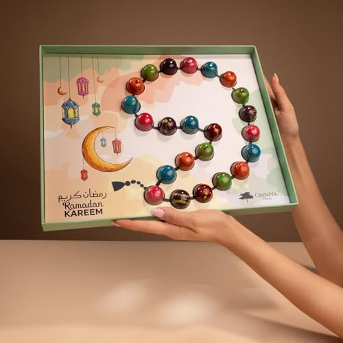 OMNIYA Delicacy Beads of Joy Chocolate Box – Luxury Ramadan Gift with 25 Masbaha Inspired Chocolates incl Pistachio, Hazelnut, Coffee, Cheesecake & Chocolate in Elegant Box for Eid & Iftar Gifting - size: Beads of Joy