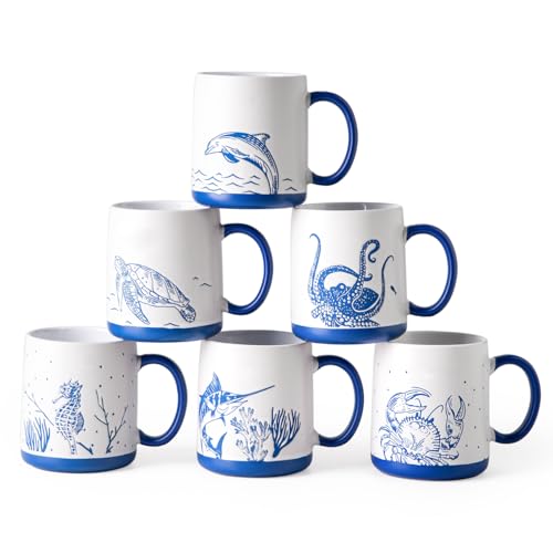 AmorArc Large Coffee Mugs Set of 6, 18oz Ceramic Coffee Cups with Sea Life Textured Patterns for Tea Latte Cocoa. Easy to Hold&Clean, Dishwasher&Microwave Safe, Matt White - color: Matte White
