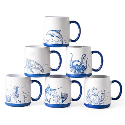 AmorArc Large Coffee Mugs Set of 6, 18oz Ceramic Coffee Cups with Sea Life Textured Patterns for Tea Latte Cocoa. Easy to Hold&Clean, Dishwasher&Microwave Safe, Matt White - color: Matte White