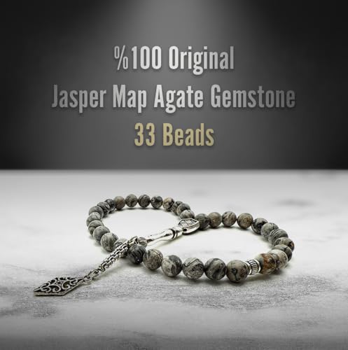 Elegant 8mm Jasper Map Agate Handmade Tasbih – Gemstone Muslim Prayer Beads, Metal Tassel with Special Case | Islamic Gifts for Dhikr, Namaz, Meditation - size: 33 Beads