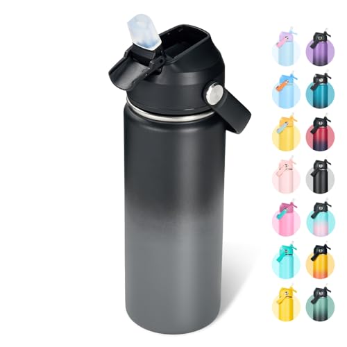 Fijinhom 18oz Insulated Stainless Steel Water Bottle, Wide Mouth Double Wall Vacuum, Silicone Straw, Sweat & Leak Proof, BPA Free Insulated Water Flask for Travel, Keep Cold 24h Hot 12h, Grey - color: Grey Gradient, size: 18 Ounces