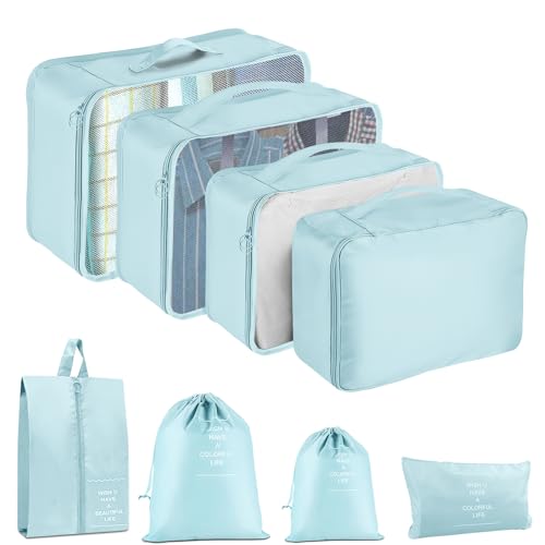 Packing Cubes for Travel- 8 Set Luggage Organizer Bags for Family, Mesh Breathable Travel Packing Cubes for Suitcases Durable Travel Essentials Bags Set (Blue, 8 Set) - color: Blue, size: 8 Set