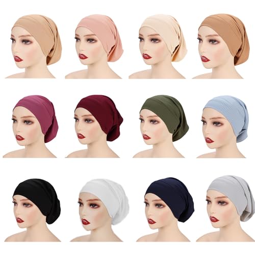 4 Pieces Ribbed Inner Cap Hijab for Women Muslim Underscarf Hat Bonnet Islamic Stretch Tube Cap Turban Headband - color: Purple Wine Blue Green