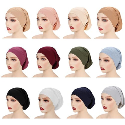 4 Pieces Ribbed Inner Cap Hijab for Women Muslim Underscarf Hat Bonnet Islamic Stretch Tube Cap Turban Headband - color: Purple Wine Blue Green