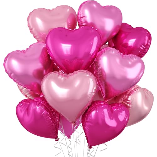 Hot Pink Heart Balloons, 10PCS Rose Foil for Girls Birthday Valentine Party - color: Hot Pink Light Pink