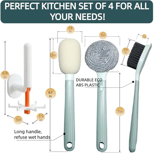 Dish Brush Set of 4 with Holder.Interchangeable Heads Kitchen Scrub Brush,Dishwashing Brush Set with Extended Handle,for Cleaning Pots,Pans,Bottles,Cups,Sinks,scrubbers for Dishes.Green