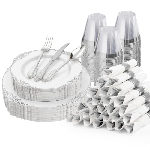 Bestluck 175PCS White Silver Disposable Dinnerware for 25 Guests - color: Silver, size: 25 Guests Set
