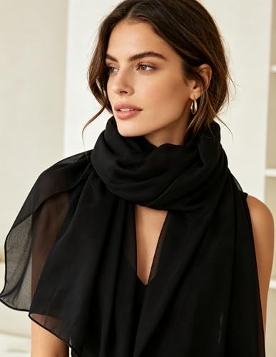 Utaly Lightweight Chiffon Scarf for Women Long Chiffon Sheer Scarf Ladies Fashion Sun-proof Shawls Wrap - color: Black