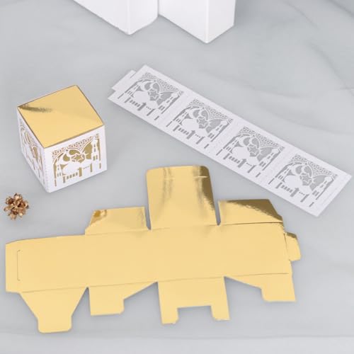 EUBUY 50 Pack Ramadan Treat Boxes, Islam Ramadan Party Candy Boxes, Ramadan Gift Boxes with Ribbons for Muslim Eid Party Supplies, Middle Eastern Festival Favor Boxes - color: golden