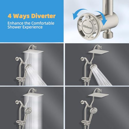 Hibbent All Metal 4 Way Shower Diverter, Showerhead Holder, Brushed Nickel | Easy Reach Diverter Valve with Pause Mode, 13.5" Stainless Steel Slide Bar, 4-Setting Replacement for Handheld & Fixed Shower - color: Brushed Nickel