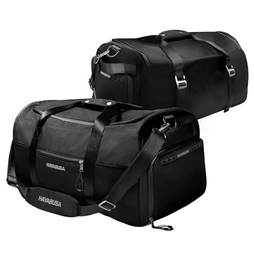 Hayabusa Airstream Athletic Duffle Gym Bag for Women and Men - Black, 50l duffle bag - 7 zippered Pockets, Good for travel, Boxing, MMA, BJJ, kickboxing, Muay Thai, wrestling, Glove/Shoe Compartment