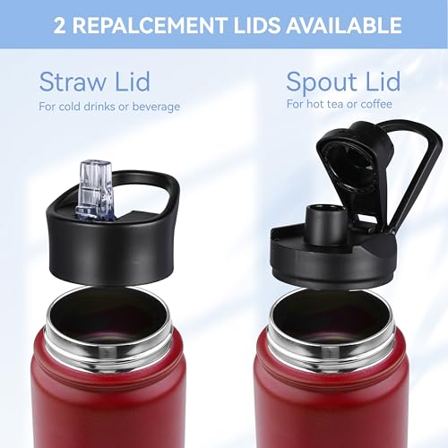 HASLE OUTFITTERS Insulated Water Bottle 22 oz Double Wall Stainless Steel Water Bottle Wide Mouth with Straw Lid & Spout Lid Keeps Cold or Hot(Red,1) - color: Red, size: 22 Ounces