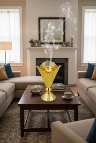 Decorative Gold Metal Incense Burner – Traditional Bakhoor Holder for Home, Ramadan & Eid Décor, Islamic Gift, Ornamental Cone-Shaped Mabkhara Stand, 5 x 5 x 9 in