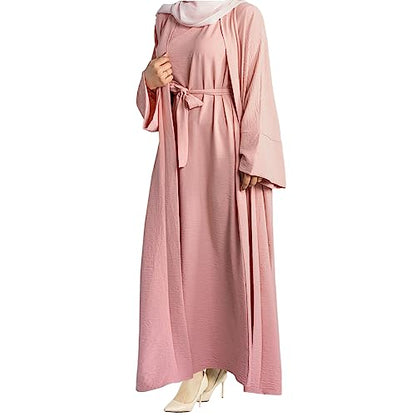 2PCS Women's Muslim Dresses Abaya Islamic Dubai Prayer Dress Robe Long Cardigan Maxi Dress - color: Pink, size: Medium