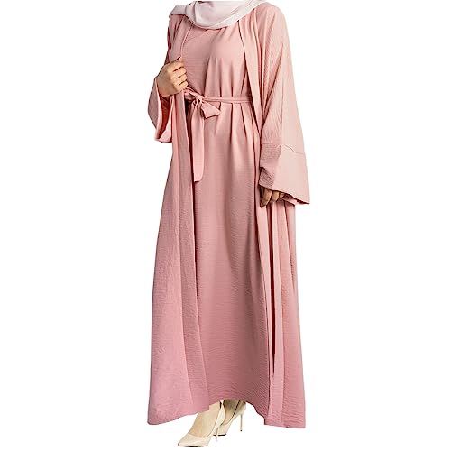 2PCS Women's Muslim Dresses Abaya Islamic Dubai Prayer Dress Robe Long Cardigan Maxi Dress - color: Pink, size: X-Large