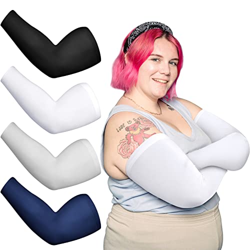 Chuarry 4 Pairs Plus Size Cooling Arm Sleeves for Women Men UV Sun Protection Oversized Flabby Arm Wraps - color: Navy Blue,light Gray,black, White