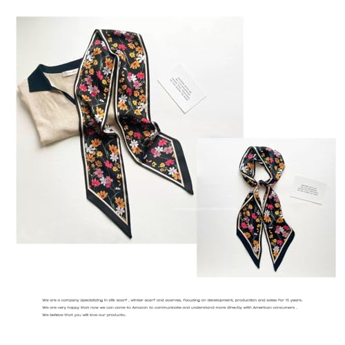 Silk Feeling Head Scarf Fashion Satin Hair Scarf Square Long Scarves for Women Gifts - color: 02 Black Flower 5.12 X 59 Inch