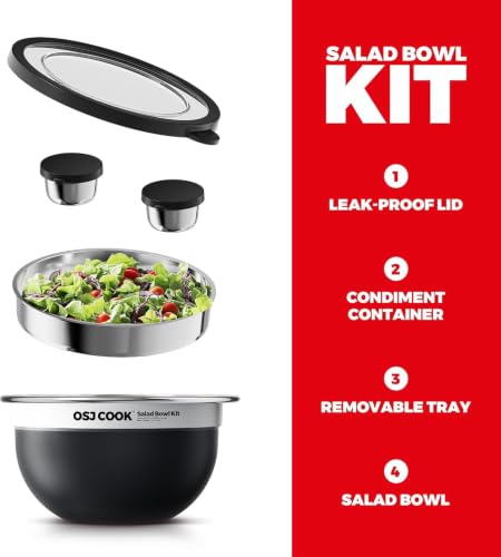 74oz Salad Bowl Kit with Lid & Tray, Scratch-Resistant 18/8 Stainless Steel Salad Bowls To Go For Lunch, Large Leak-Proof Container with 2 Condiment Canisters, Black - color: Black