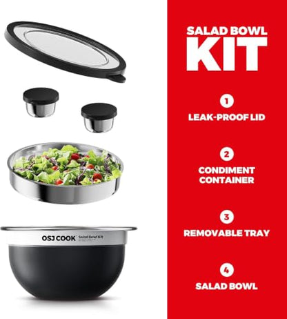 74oz Salad Bowl Kit with Lid & Tray, Scratch-Resistant 18/8 Stainless Steel Salad Bowls To Go For Lunch, Large Leak-Proof Container with 2 Condiment Canisters, Black - color: Black